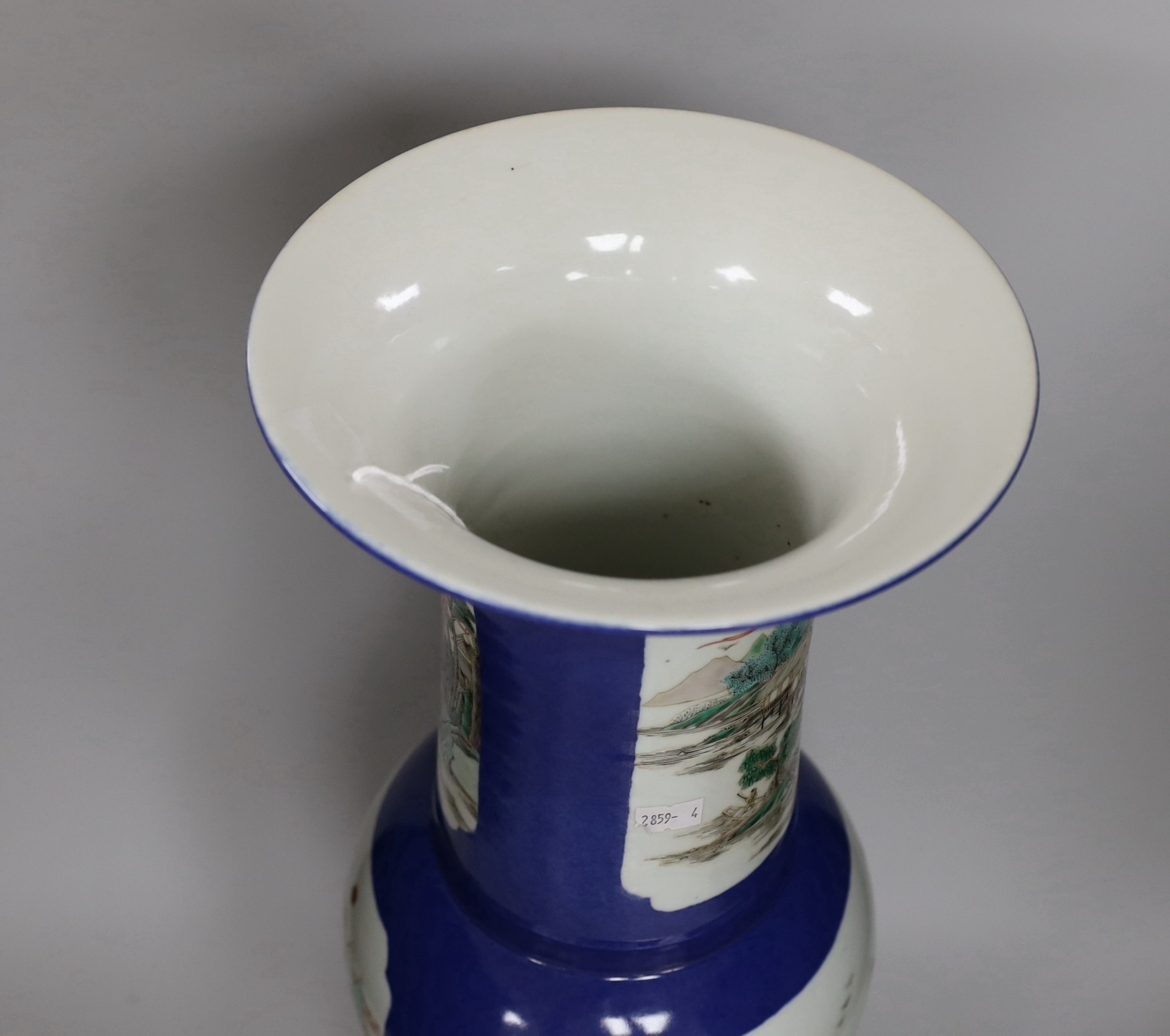 A Chinese famille verte powder blue yen-yen vase, on wooden stand, 58cms high, including stand